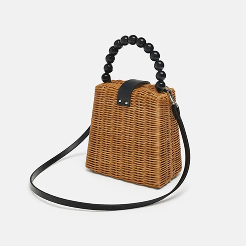 Bead Hand-Woven Straw Bag Women Small Tote Bags For Summer Travel Top-Handle Rattan Bag Ladies Shoulder For Girl