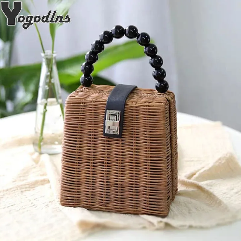 Bead Hand-Woven Straw Bag Women Small Tote Bags For Summer Travel Top-Handle Rattan Bag Ladies Shoulder For Girl