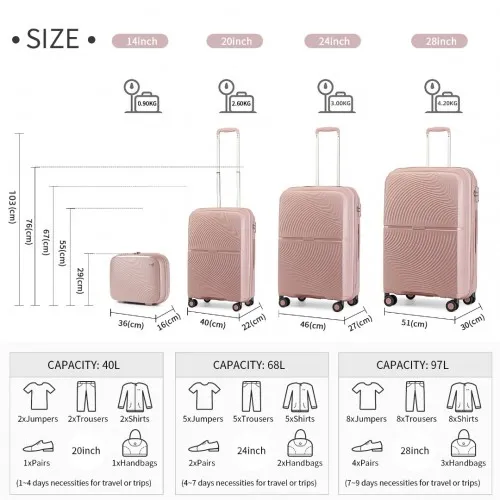 British Traveller 4 Pcs Spinner Hard Shell PP Suitcase with TSA Lock & Vanity Case - Nude