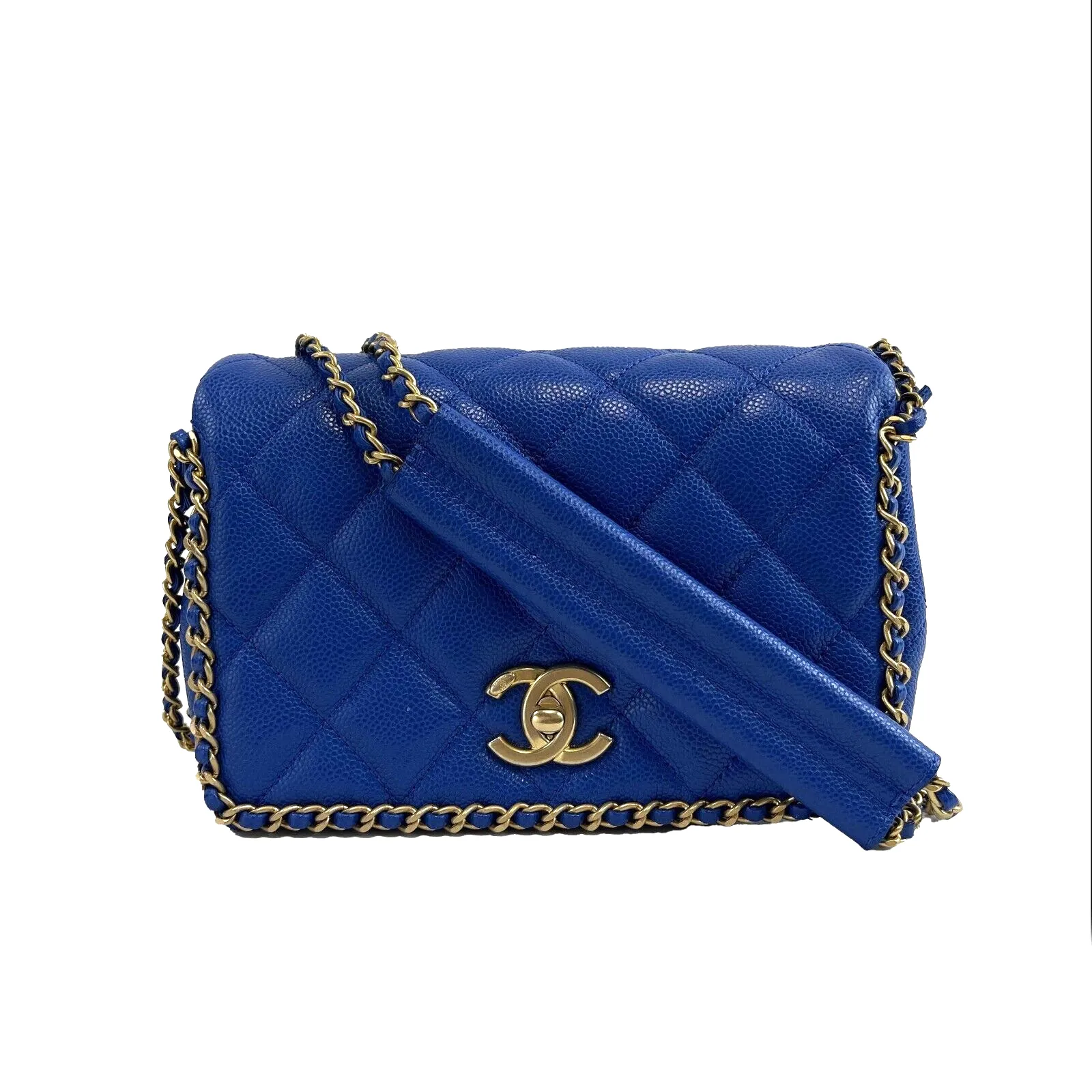 CHANEL Mini Chain Around Multi Chain Full Flap Bag Quilted Caviar 22B Blue