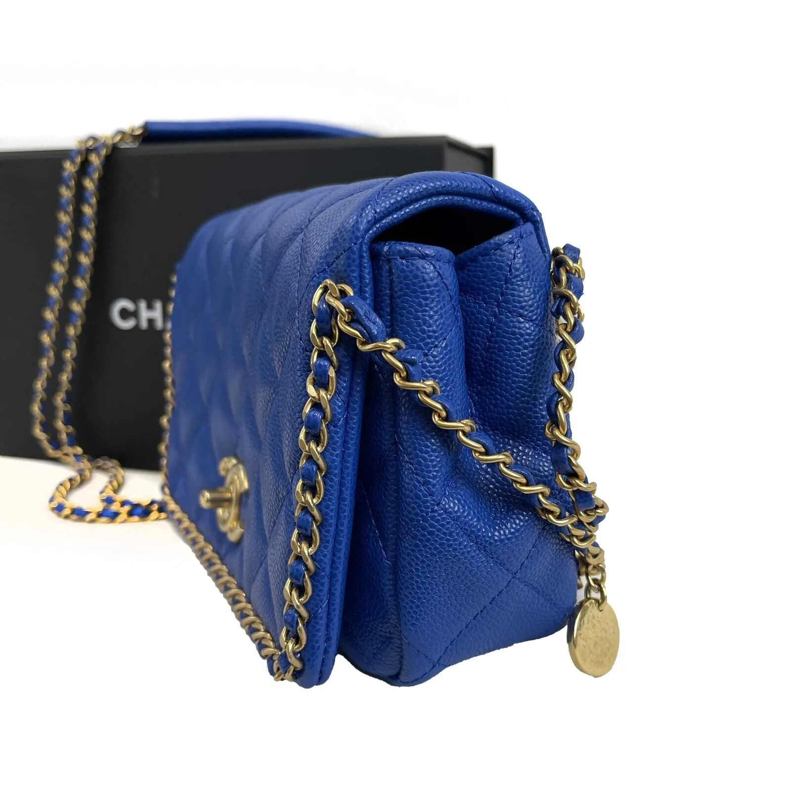 CHANEL Mini Chain Around Multi Chain Full Flap Bag Quilted Caviar 22B Blue