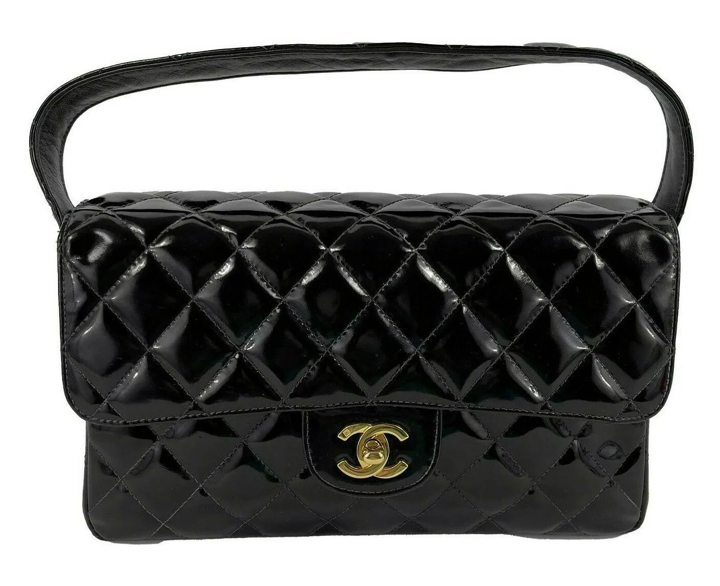 CHANEL - VTG 1996 Medium Black Top Handle Kelly Medium Flap Bag - Patent Leather