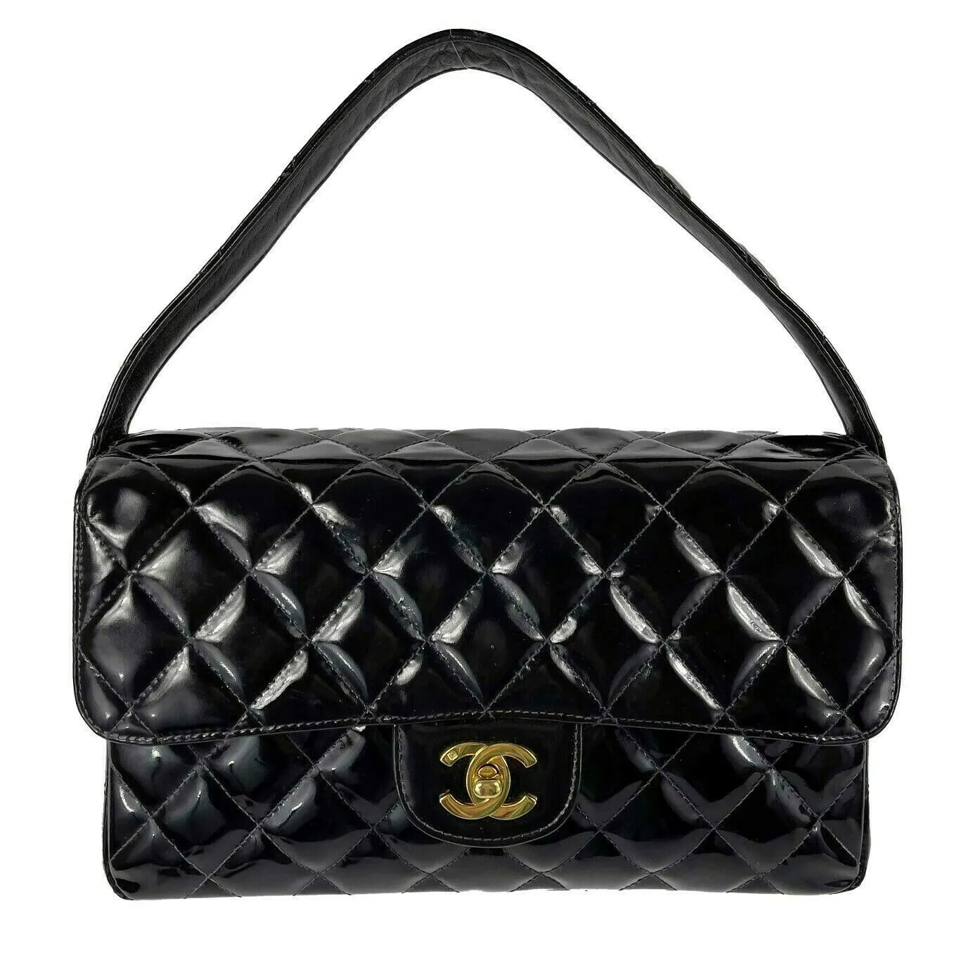 CHANEL - VTG 1996 Medium Black Top Handle Kelly Medium Flap Bag - Patent Leather