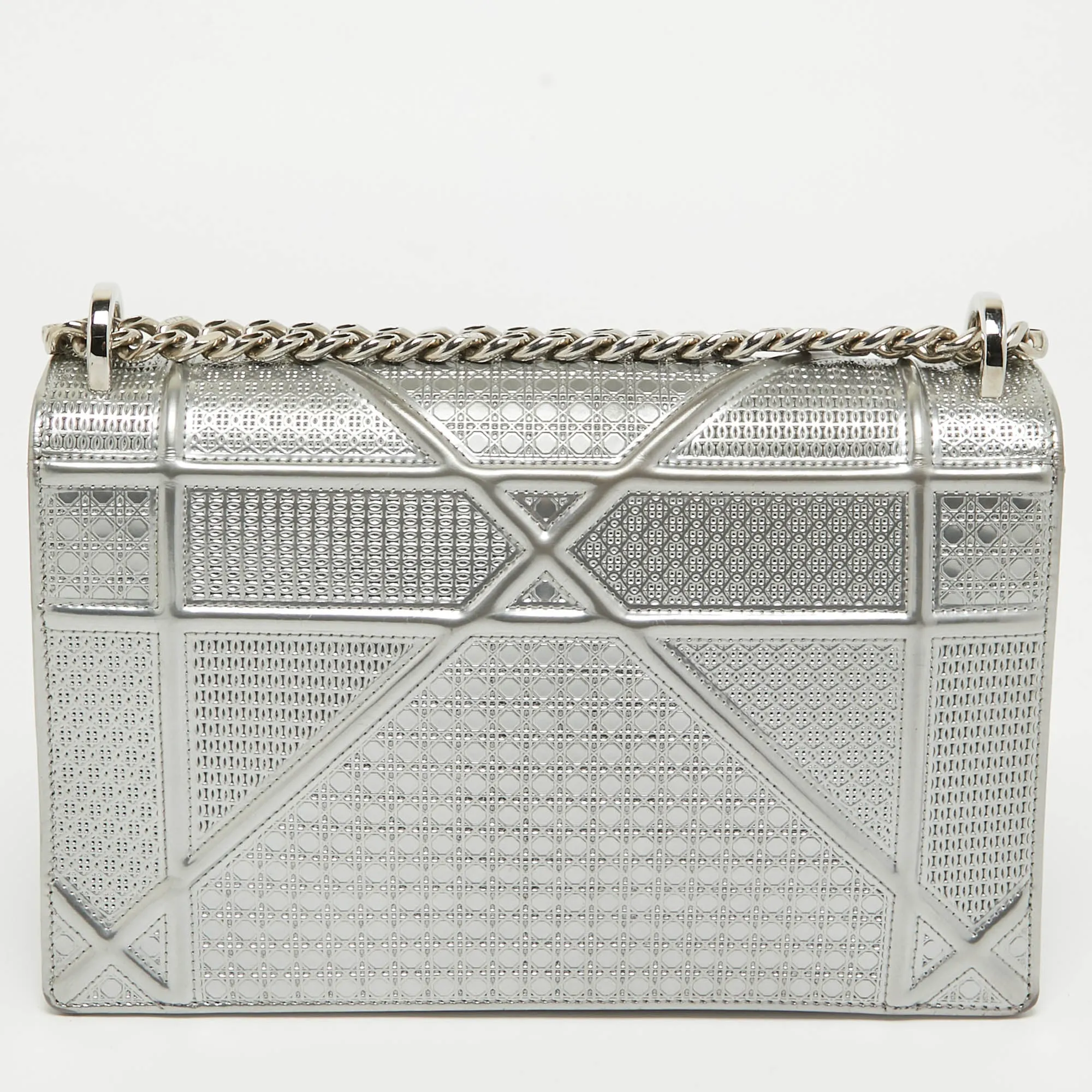 DIOR Silver Microcannage Patent Leather Medium ama Flap Shoulder Bag