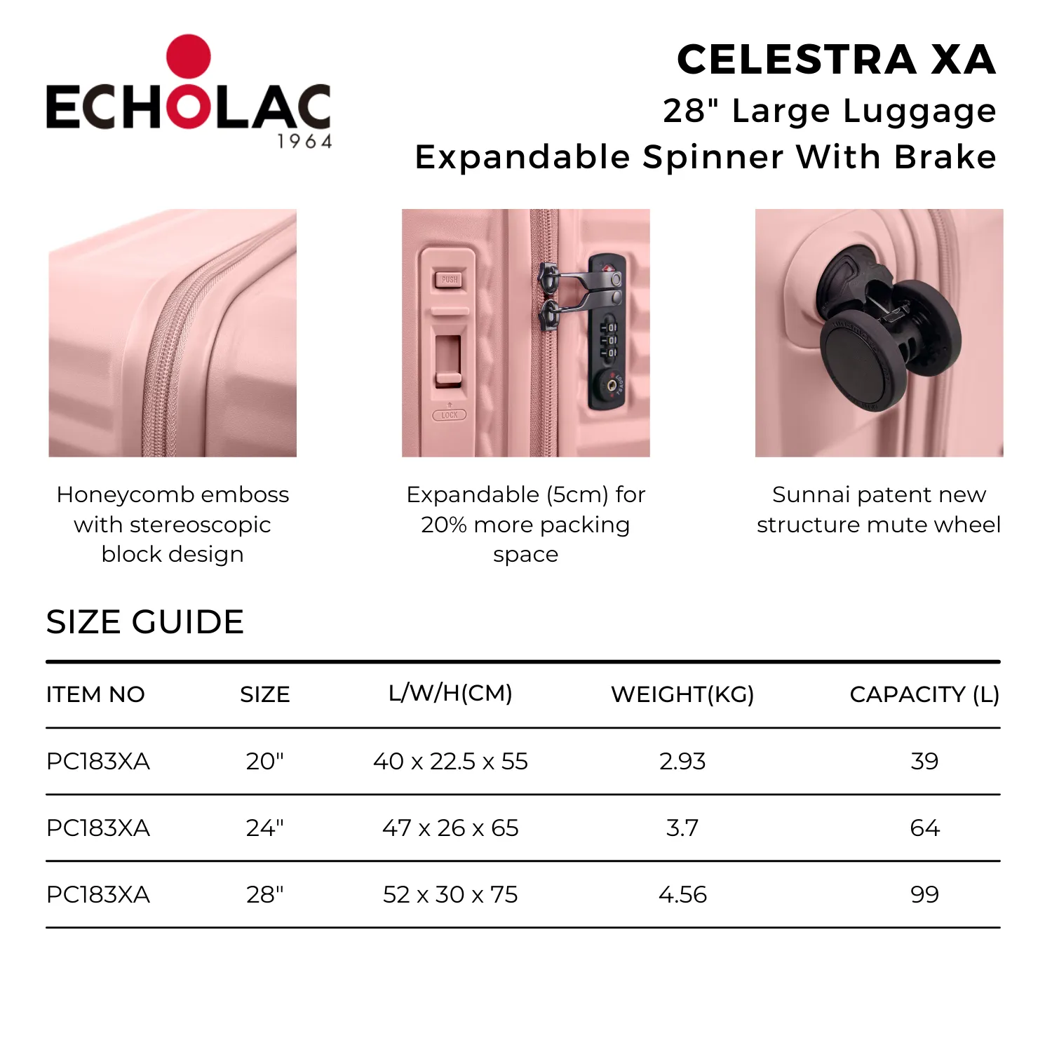 Echolac Celestra XA 28" Large Luggage Expandable Spinner With Brake