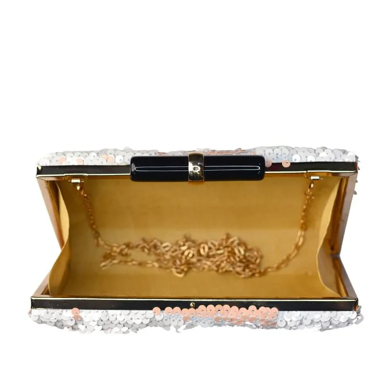 Half Peach And Silver Retangular Shaped Clutch