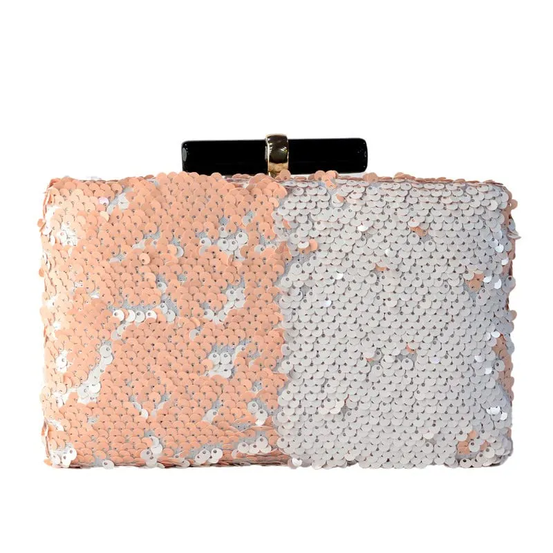 Half Peach And Silver Retangular Shaped Clutch