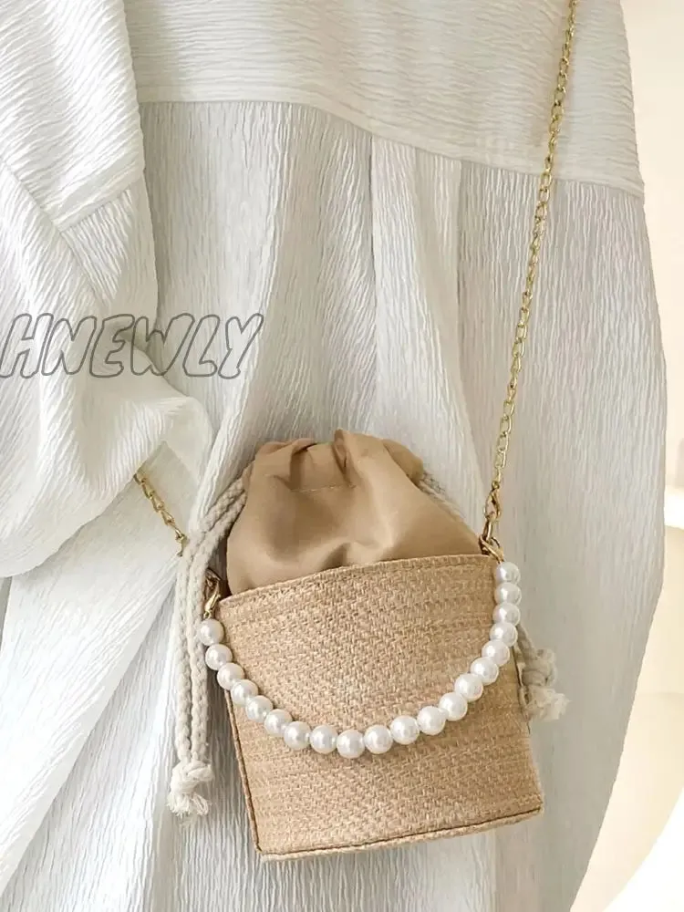 Hnewly - Faux Pearls Decor Drawstring Bucket Bag  - Women Satchels