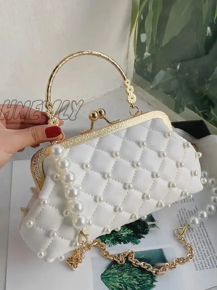 Hnewly - Mini Faux Pearl Decor Quilted Satchel Bag  - Women Satchels