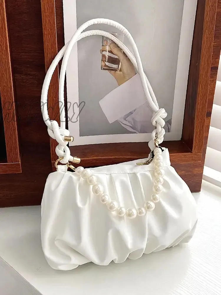 Hnewly - Minimalist Pearls Decor Ruched Bag  - Women Satchels