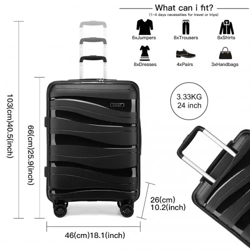 Kono 24 Inch Lightweight Polypropylene Hard Shell Suitcase With TSA Lock - Black | Durable & Stylish Luggage