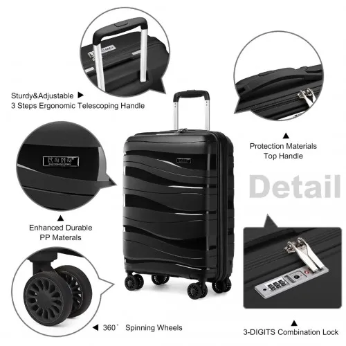 Kono 24 Inch Lightweight Polypropylene Hard Shell Suitcase With TSA Lock - Black | Durable & Stylish Luggage