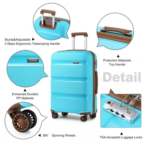 Kono 28 Inch Bright Hard Shell PP Suitcase - Classic Collection - Blue and Brown | Durable Travel Luggage with TSA Lock & 360° Swivel Wheels