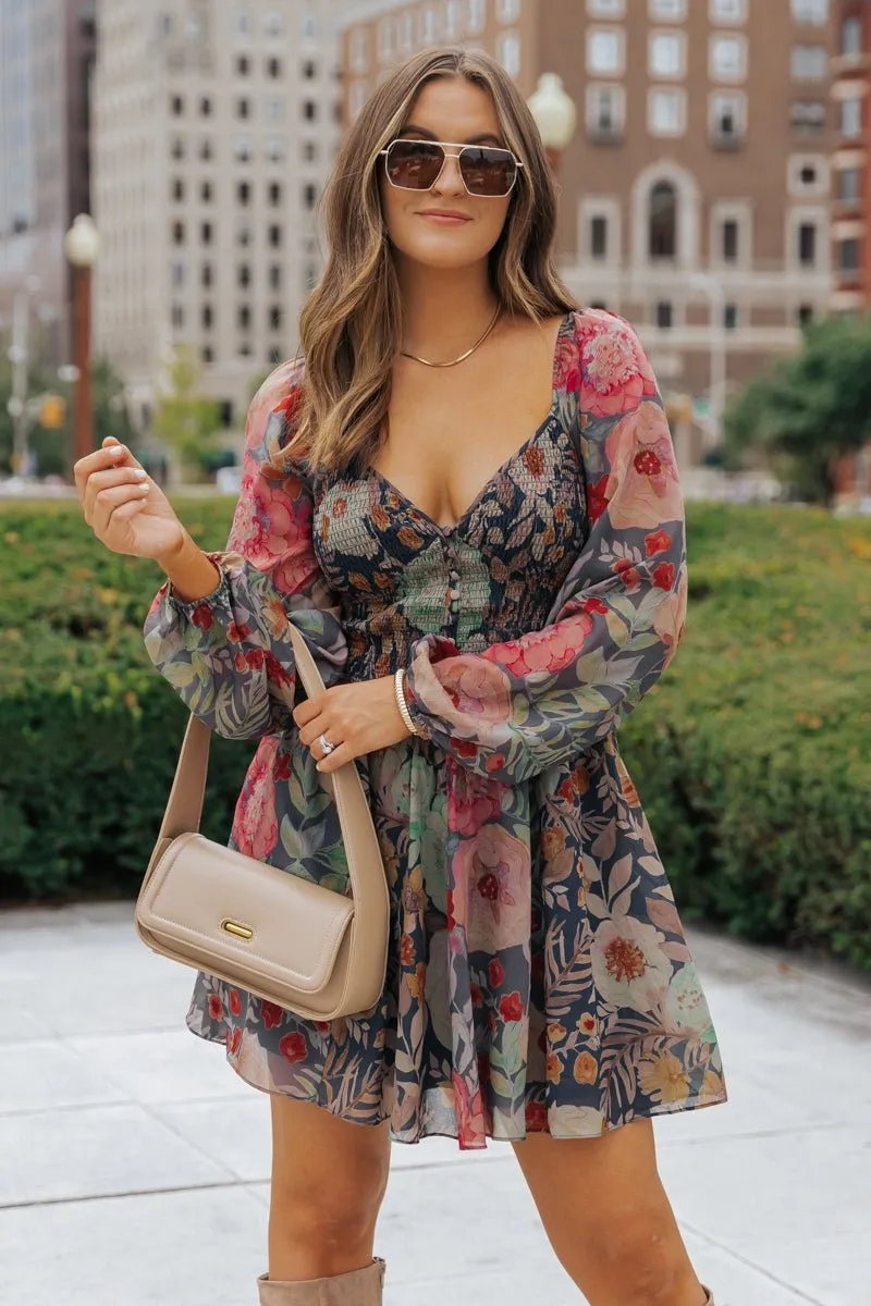 Navy Floral Print Mini Dress