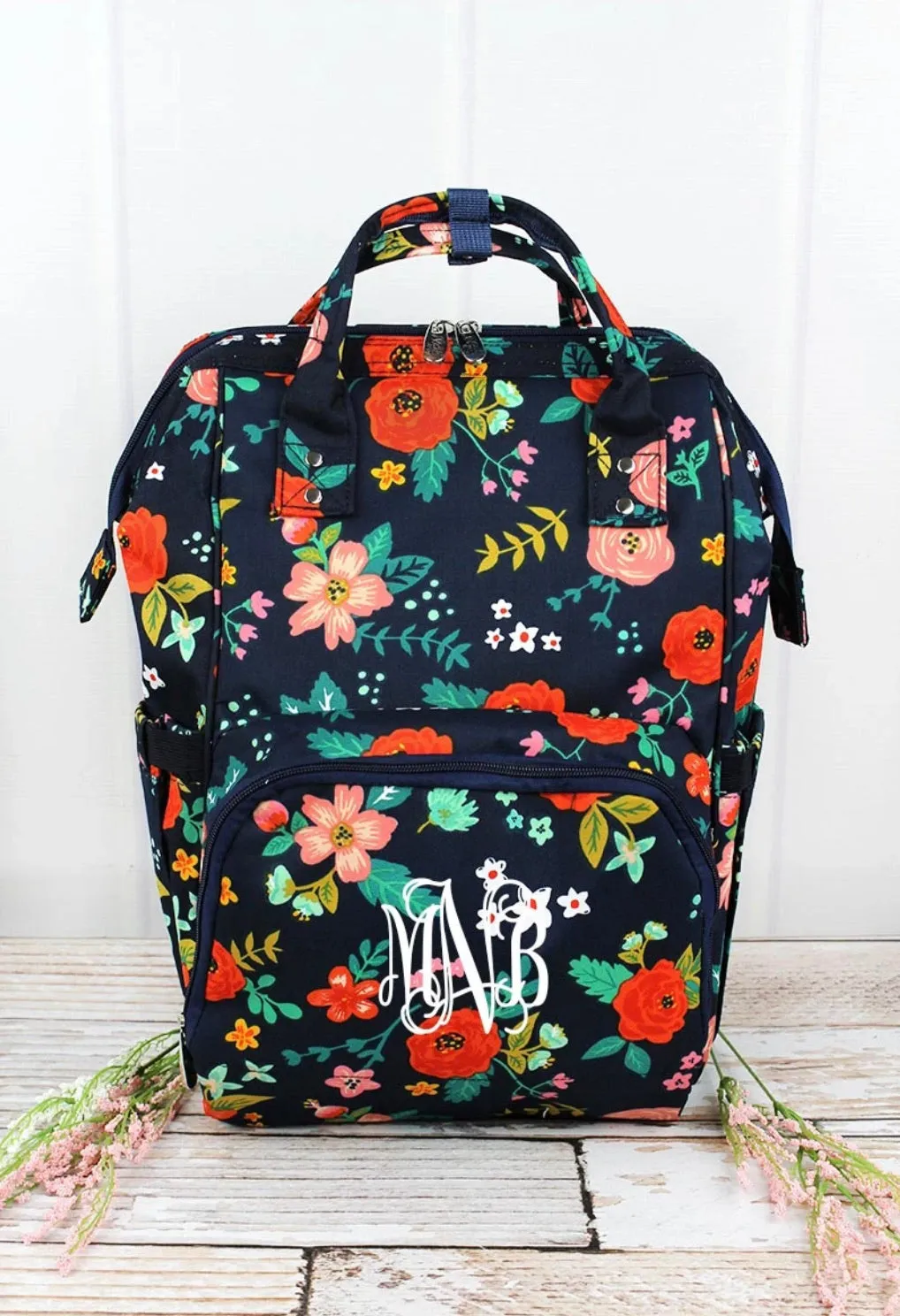 Preppy Floral Blossoms on Navy with Navy Trim Diaper Bag BackPack