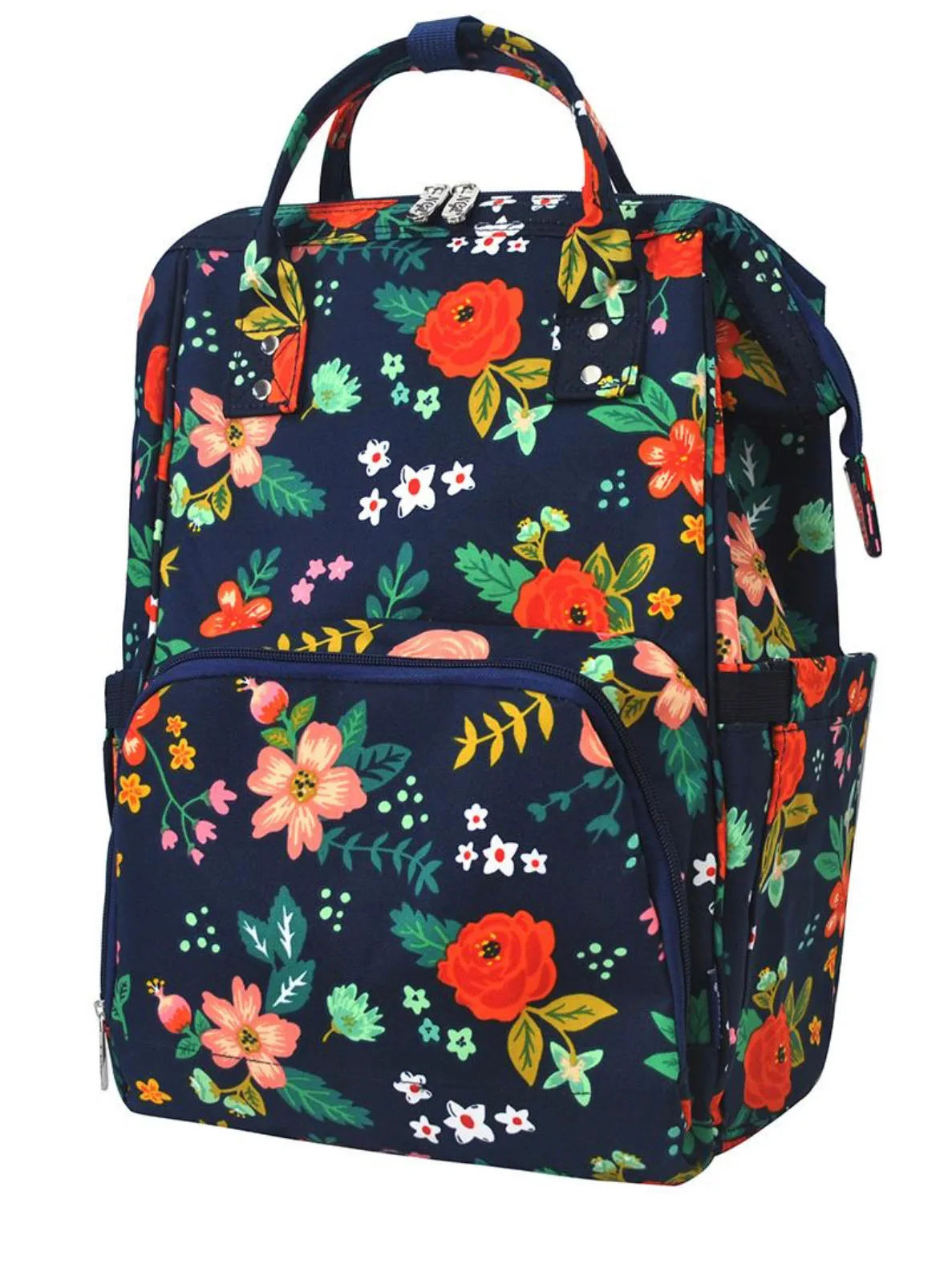 Preppy Floral Blossoms on Navy with Navy Trim Diaper Bag BackPack