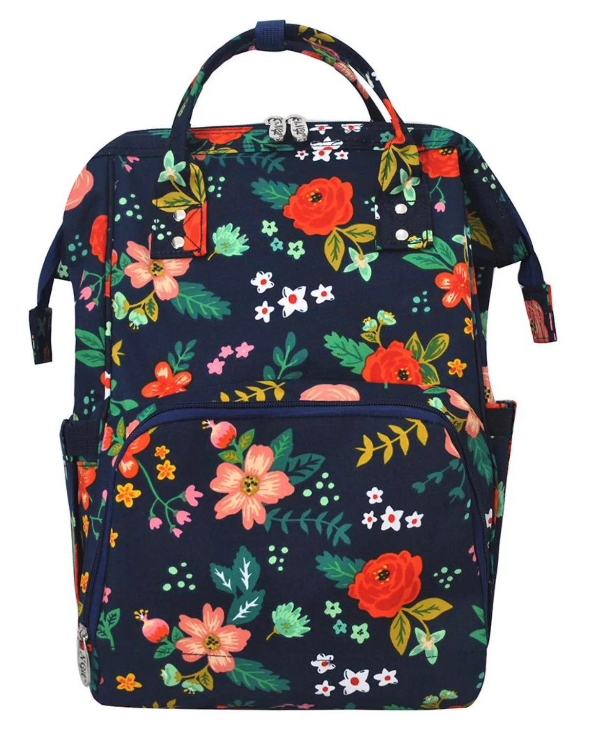 Preppy Floral Blossoms on Navy with Navy Trim Diaper Bag BackPack