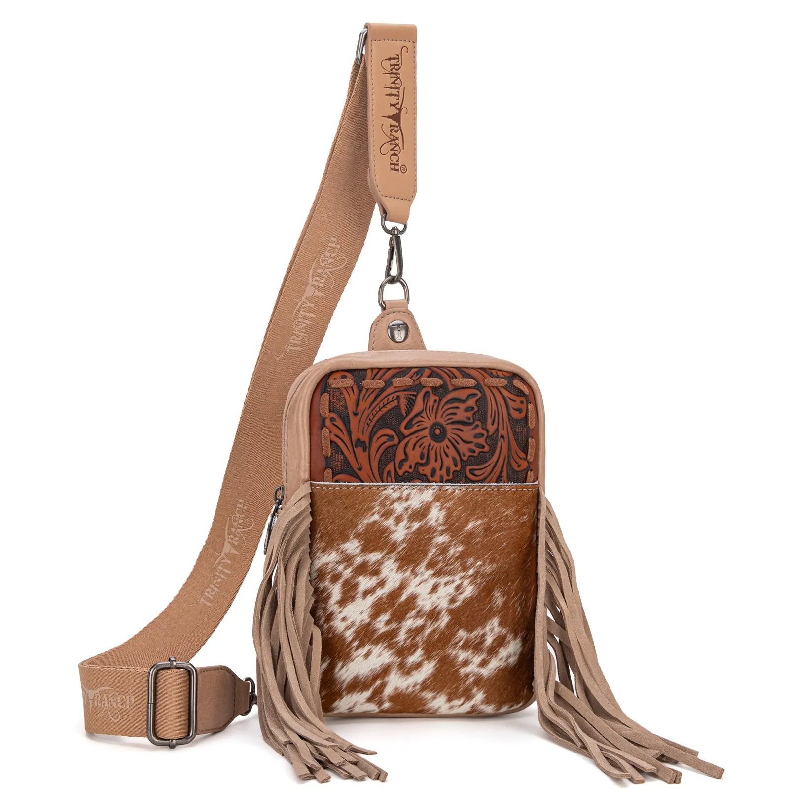 TR179-186 Trinity Ranch Genuine Hair-On Cowhide Tooled Fringe Sling Bag