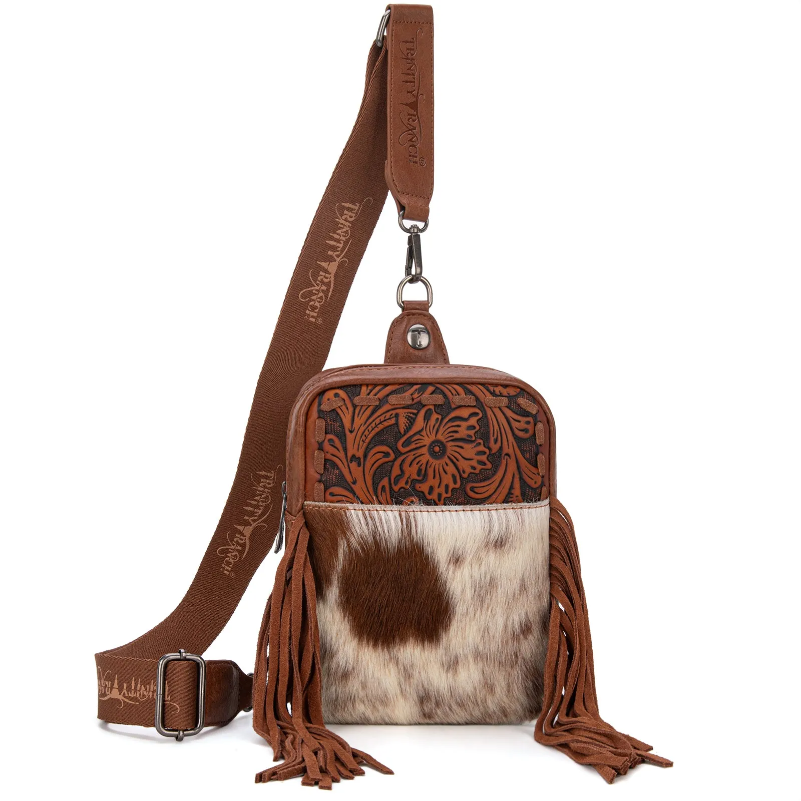 TR179-186 Trinity Ranch Genuine Hair-On Cowhide Tooled Fringe Sling Bag