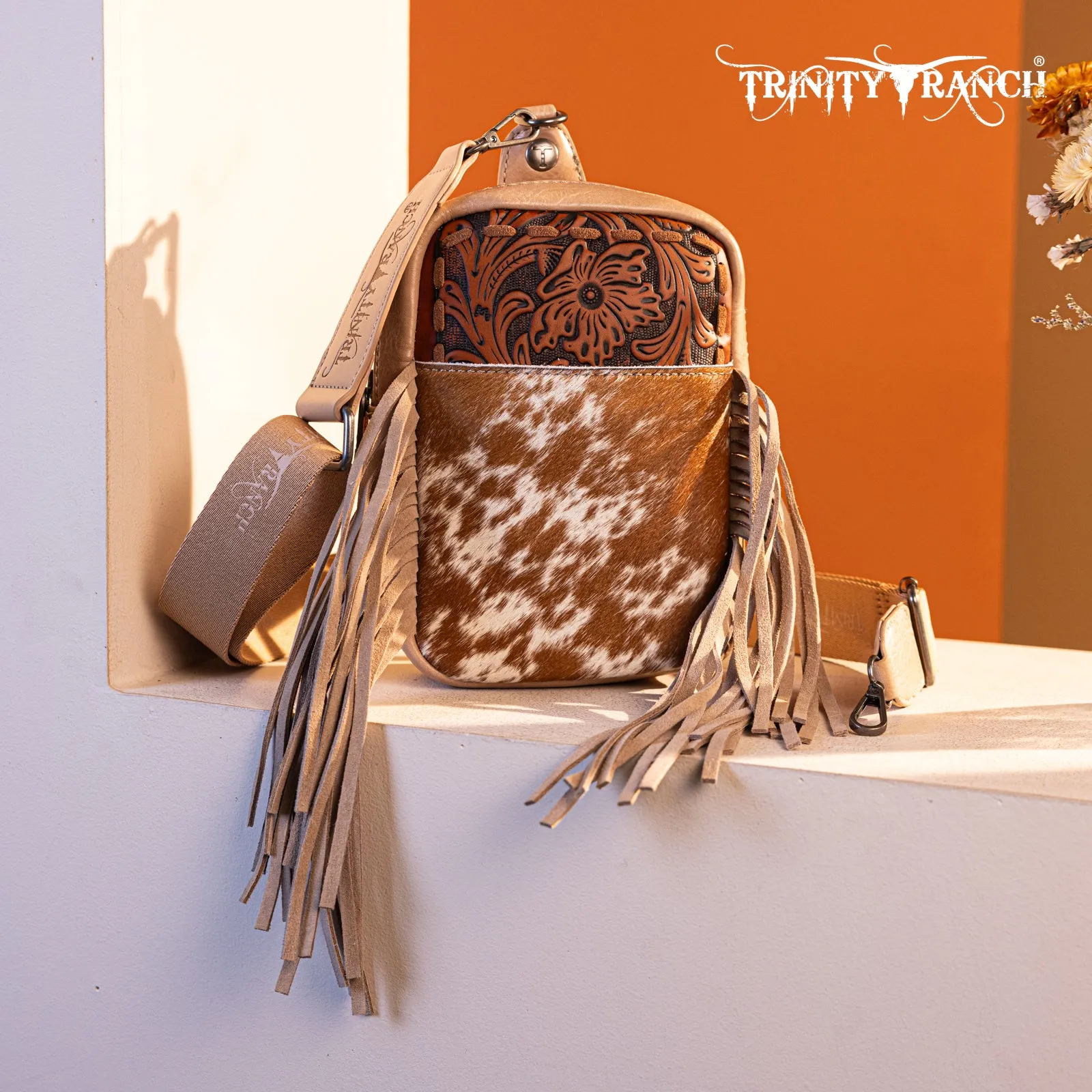 TR179-186 Trinity Ranch Genuine Hair-On Cowhide Tooled Fringe Sling Bag