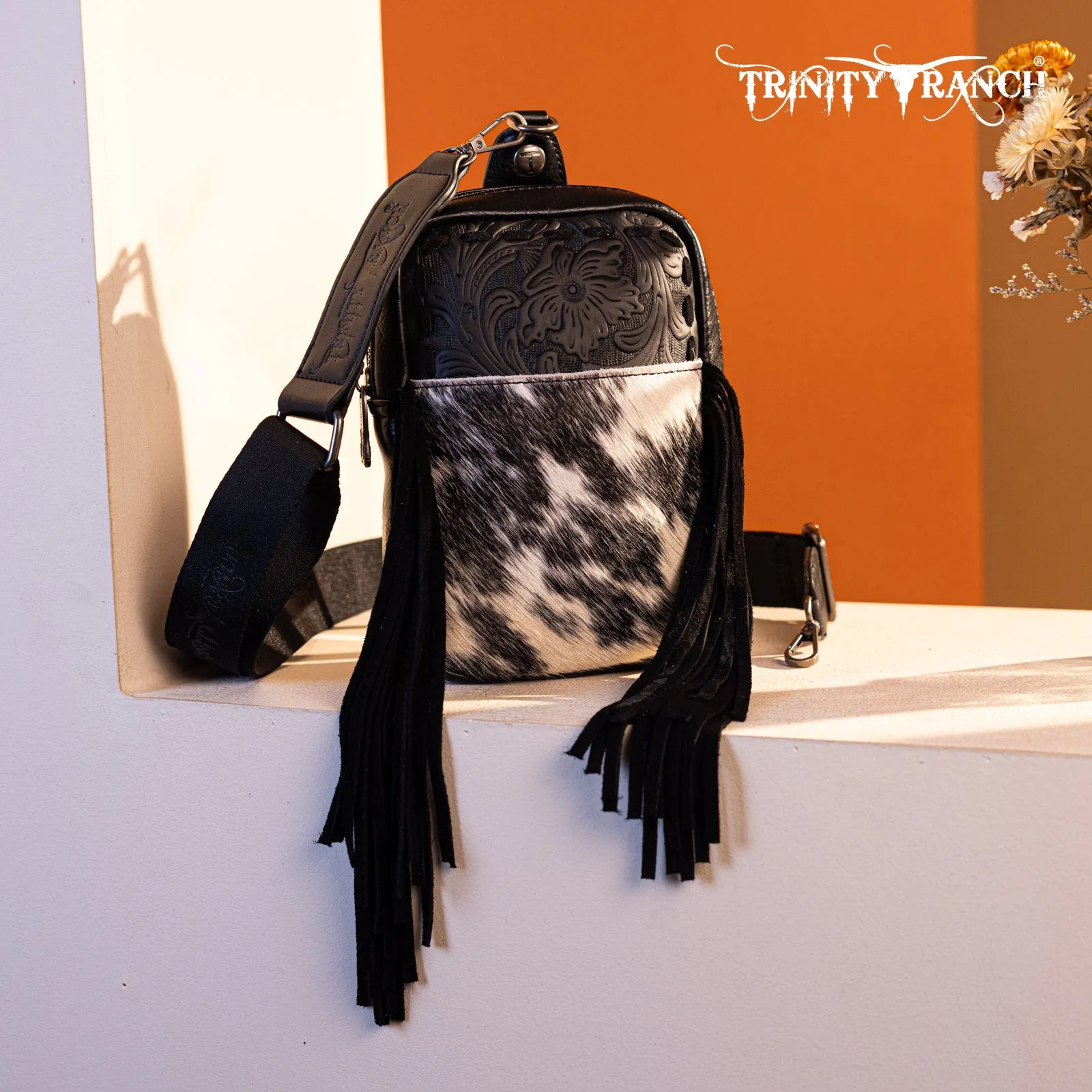 TR179-186 Trinity Ranch Genuine Hair-On Cowhide Tooled Fringe Sling Bag