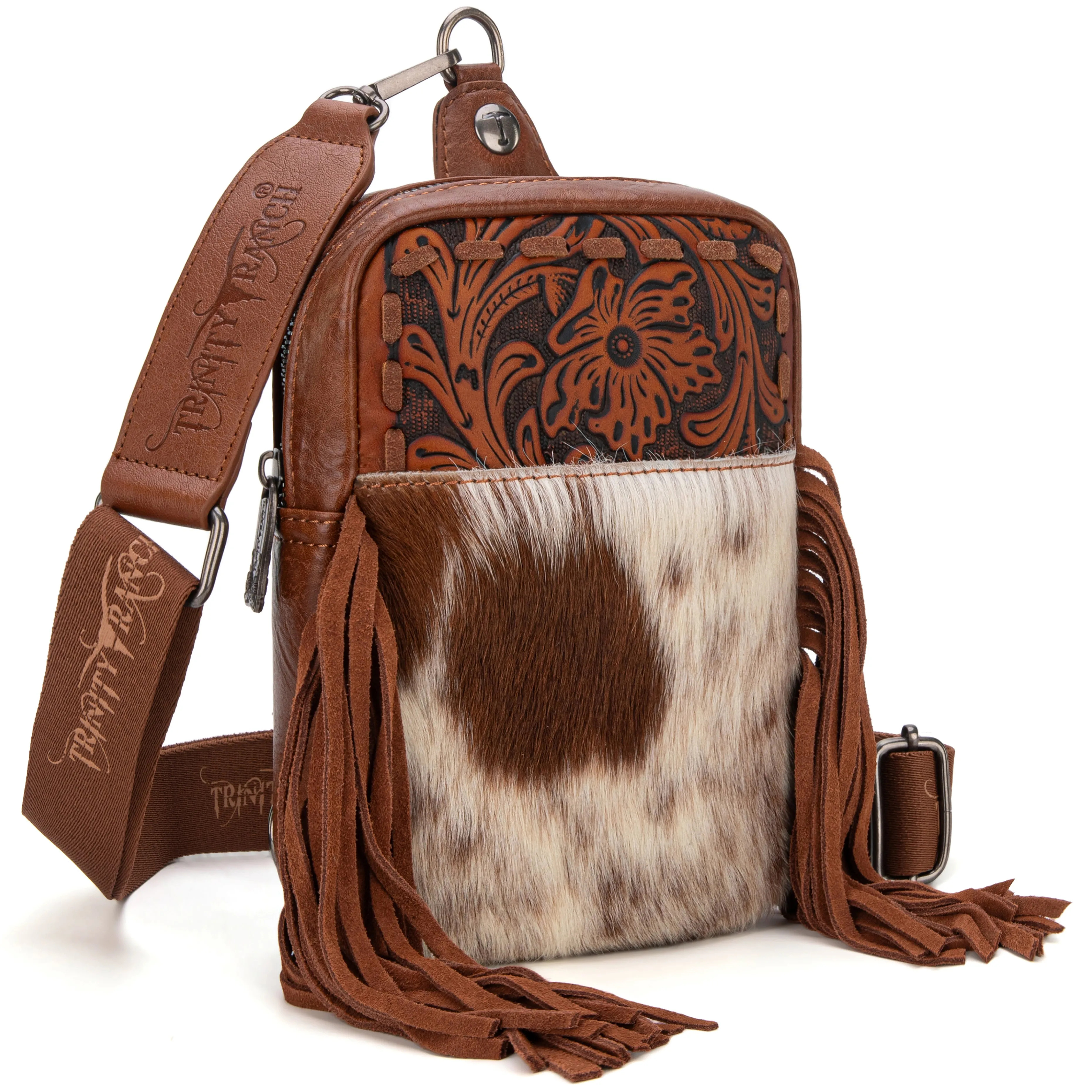 TR179-186 Trinity Ranch Genuine Hair-On Cowhide Tooled Fringe Sling Bag