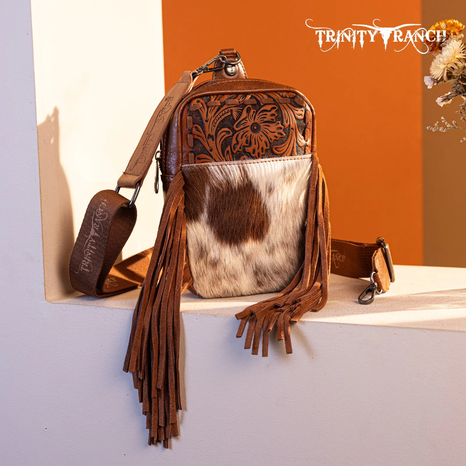 TR179-186 Trinity Ranch Genuine Hair-On Cowhide Tooled Fringe Sling Bag