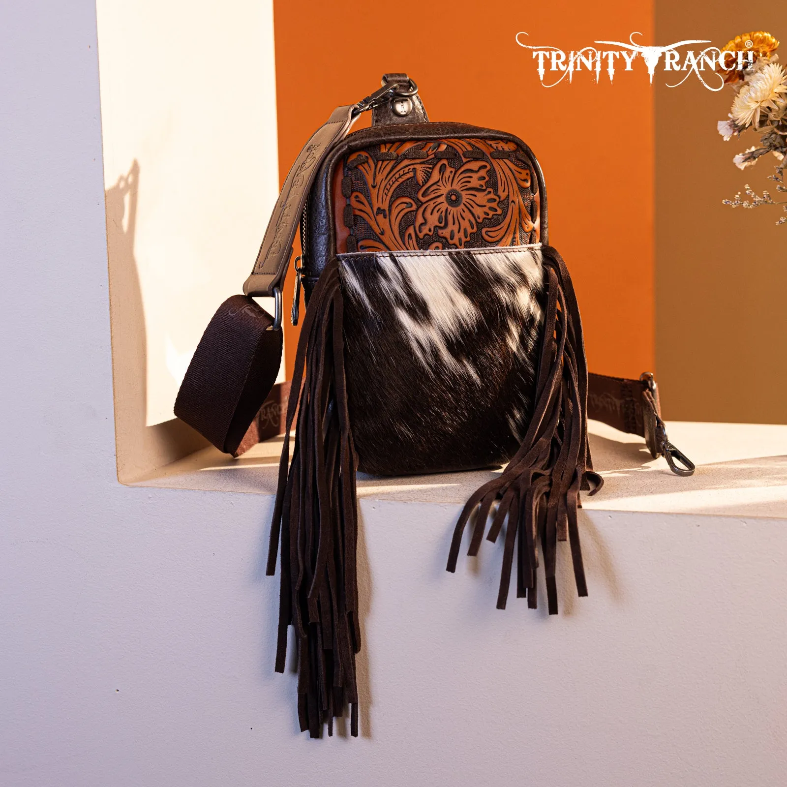 TR179-186 Trinity Ranch Genuine Hair-On Cowhide Tooled Fringe Sling Bag