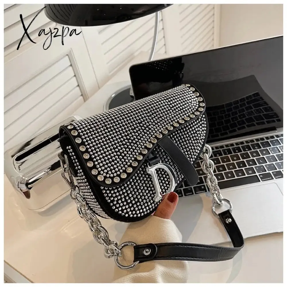 Xajzpa - trend Women's bags fashion thick chain bright diamond saddle bag female carrying armpit fashion luxury brand design bag