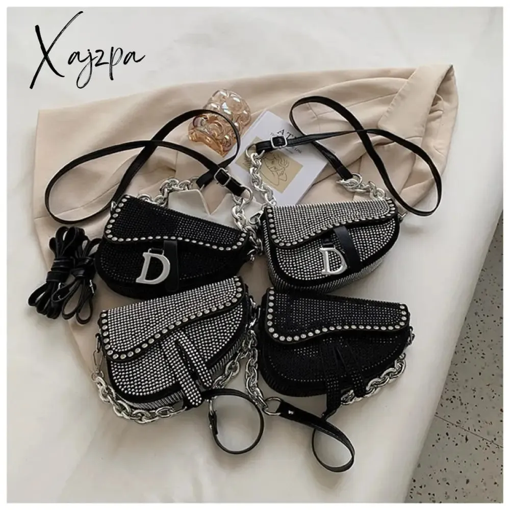 Xajzpa - trend Women's bags fashion thick chain bright diamond saddle bag female carrying armpit fashion luxury brand design bag