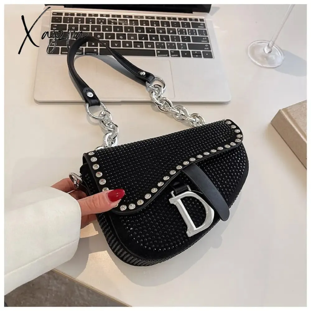 Xajzpa - trend Women's bags fashion thick chain bright diamond saddle bag female carrying armpit fashion luxury brand design bag