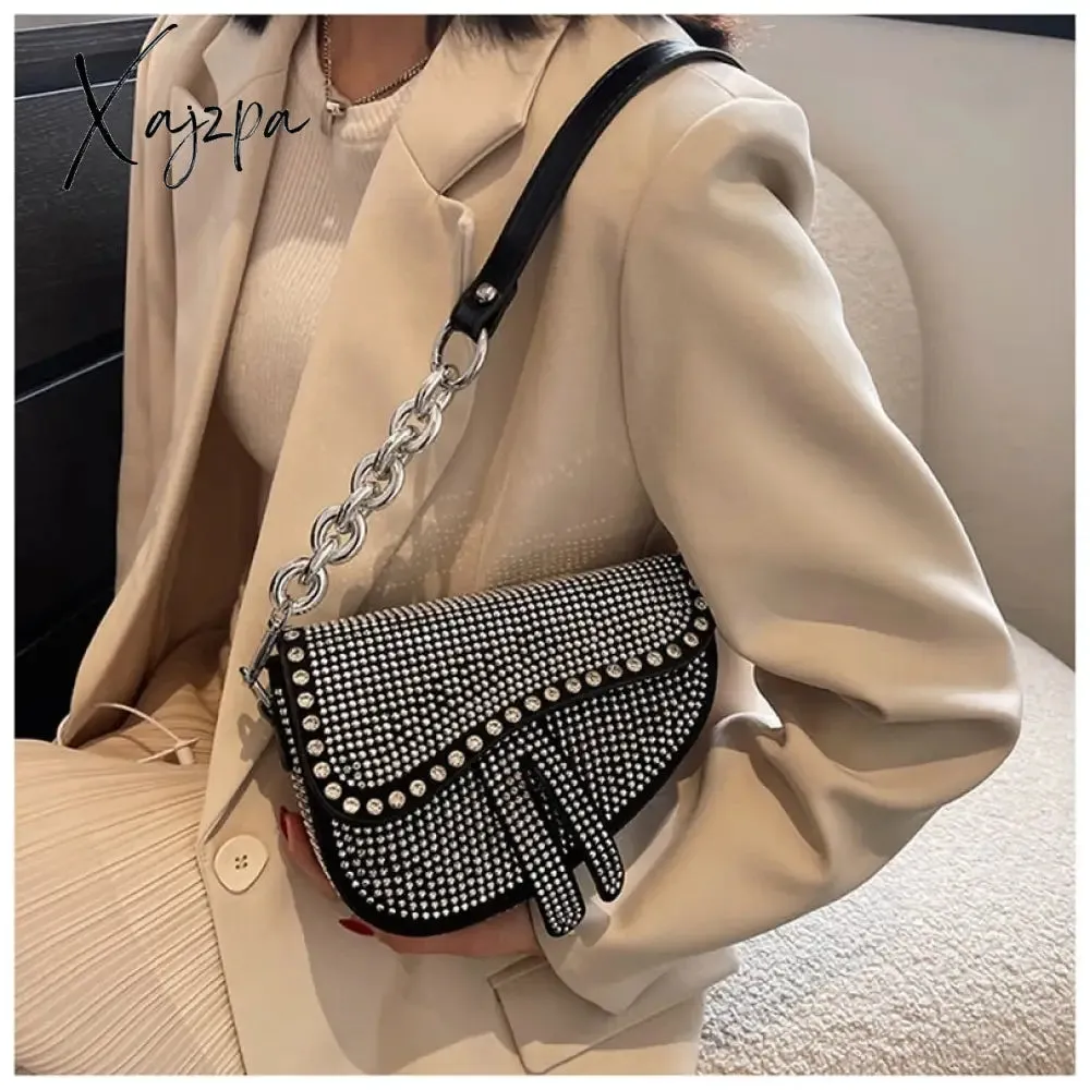 Xajzpa - trend Women's bags fashion thick chain bright diamond saddle bag female carrying armpit fashion luxury brand design bag