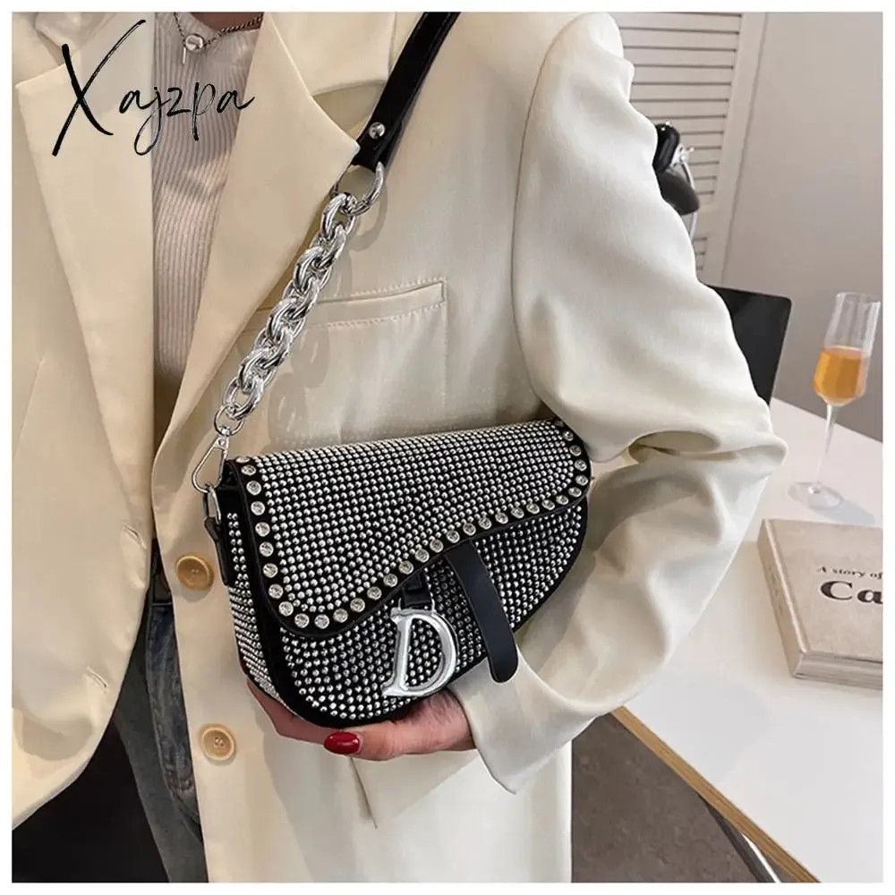 Xajzpa - trend Women's bags fashion thick chain bright diamond saddle bag female carrying armpit fashion luxury brand design bag