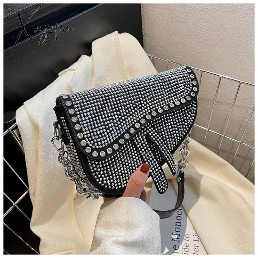 Xajzpa - trend Women's bags fashion thick chain bright diamond saddle bag female carrying armpit fashion luxury brand design bag