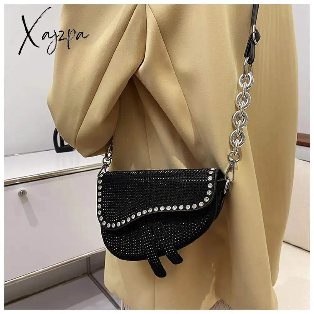 Xajzpa - trend Women's bags fashion thick chain bright diamond saddle bag female carrying armpit fashion luxury brand design bag